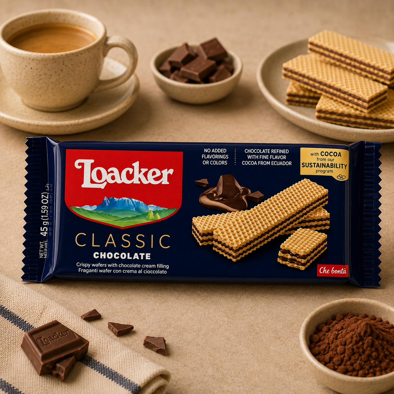 Napolitane Loacker Classic cu Cremă de Ciocolată, 90 g