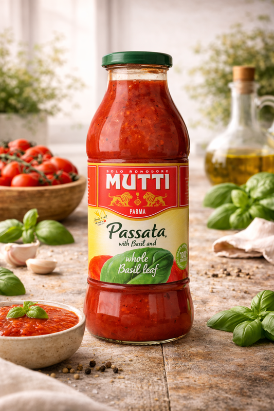 Passata de Roșii cu Busuioc Mutti 700g – sos italian fin, cu frunze întregi de busuioc