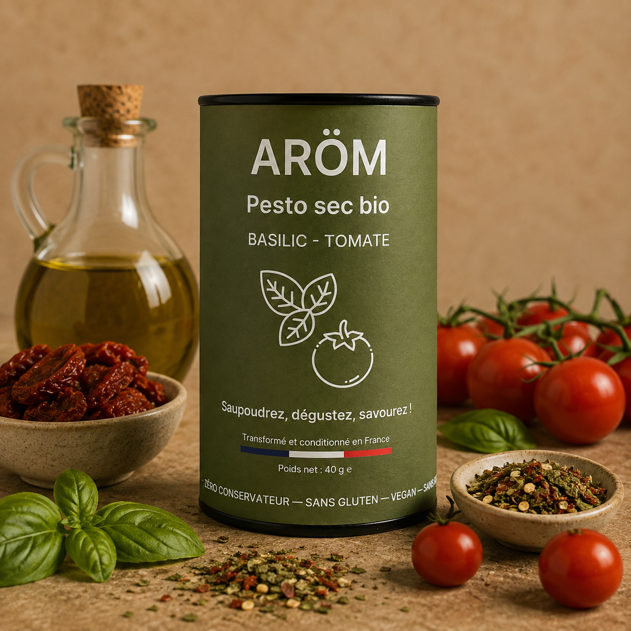 ARÖM Pesto Uscat Bio cu Busuioc și Roșii – 40 g