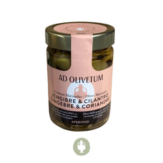 Măsline verzi în saramură fără sâmburi cu ghimbir, coriandru şi mentă – Ad Olivetum (180 g)