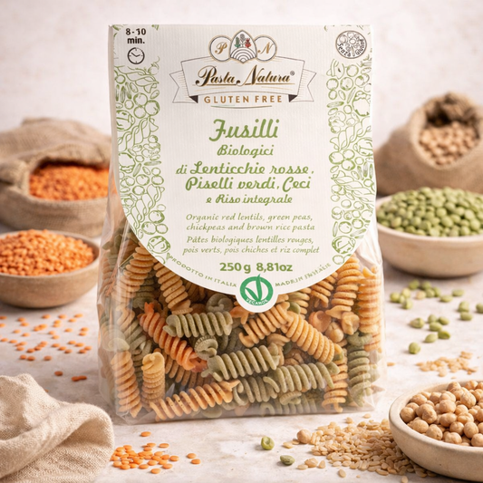 Paste Bio Fără Gluten din Linte, Mazăre și Năut – Fusilli 250g