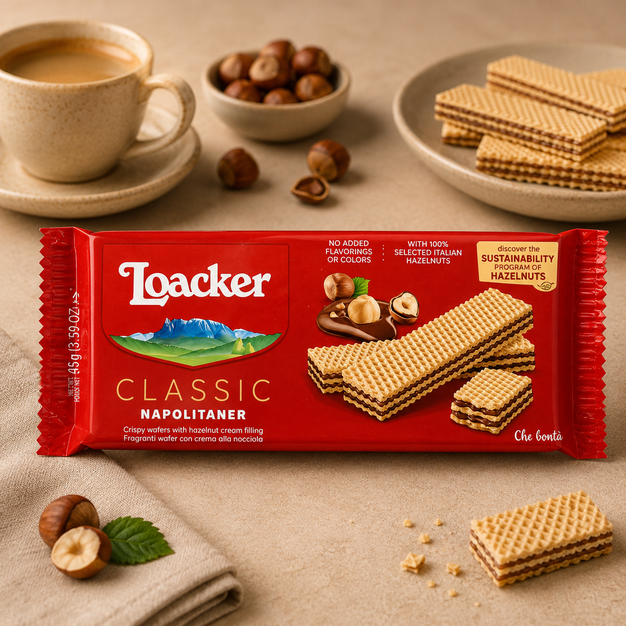 Napolitane Loacker Classic Napolitaner cu Cremă de Alune, 90 g