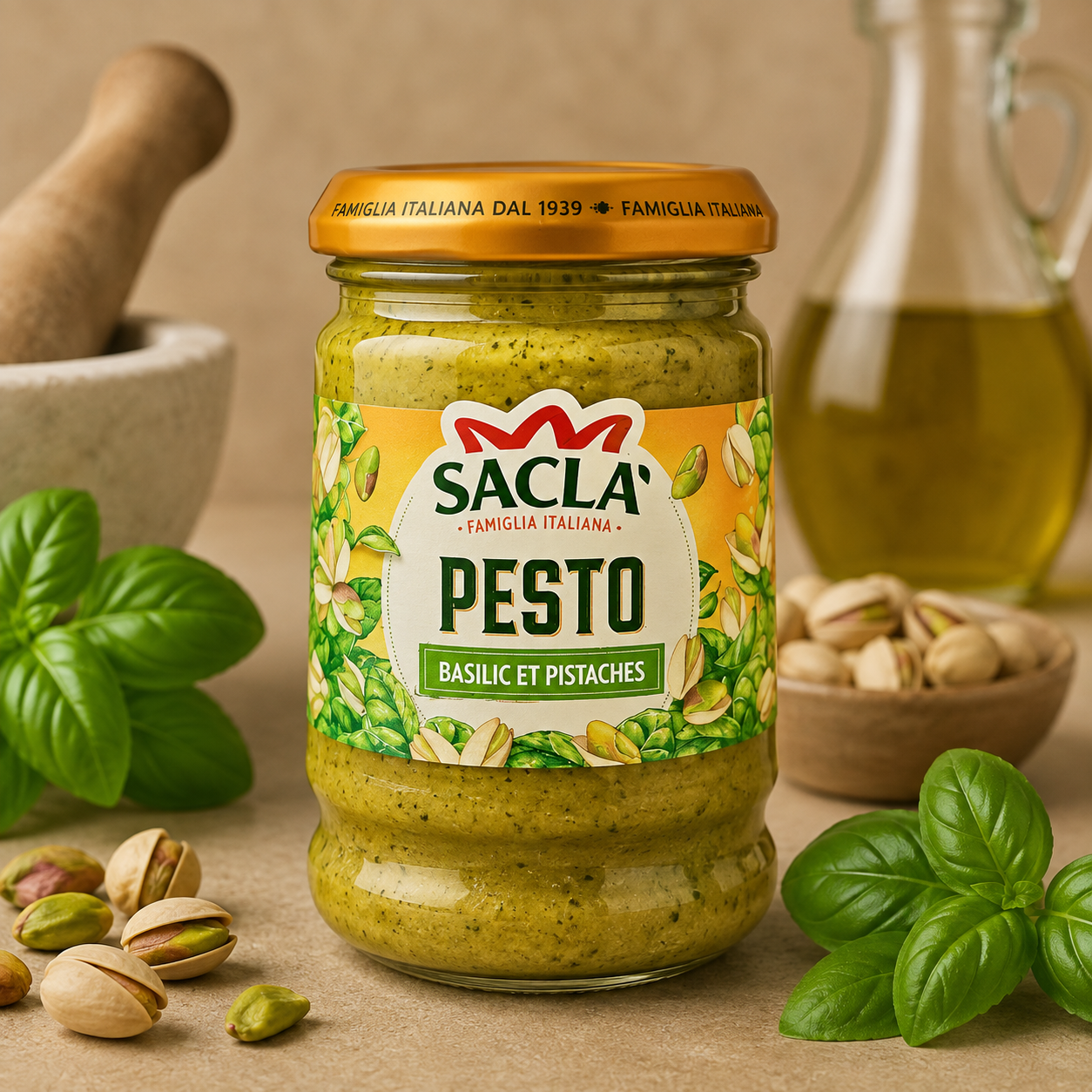 Saclà Pesto cu Busuioc și Fistic, 190 g – Pesto Italian pentru Paste