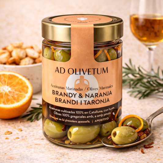 Măsline verzi în saramură fără sâmburi cu brandy şi portocale – Ad Olivetum (180 g)