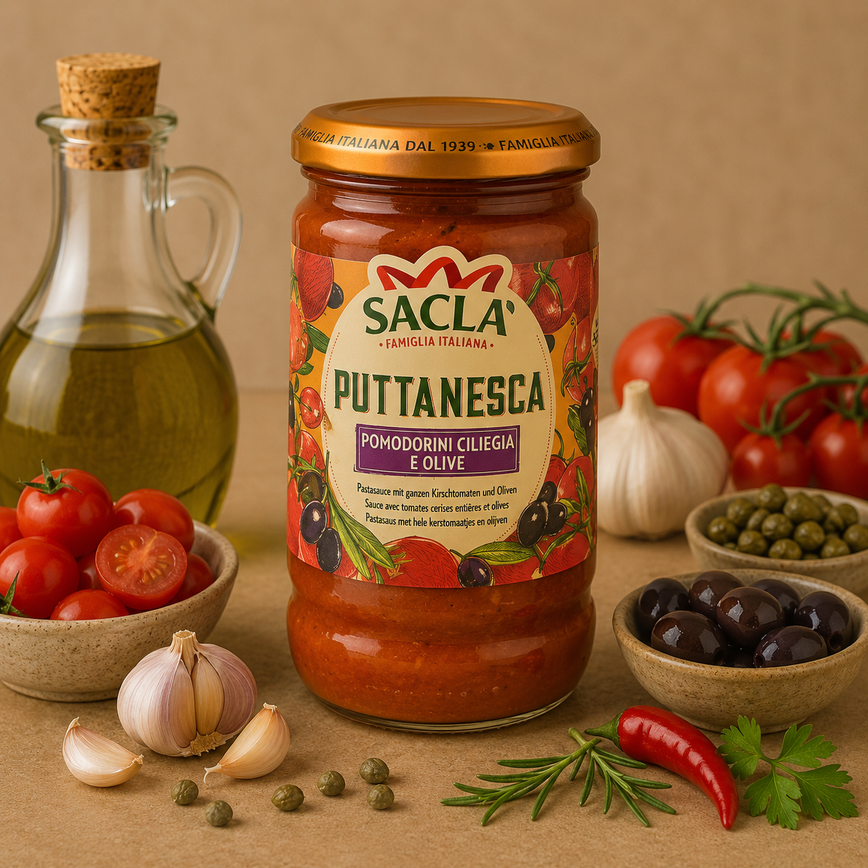 Saclà Sos Puttanesca cu Roșii Cherry și Măsline, 190 g – Sos Italian pentru Paste