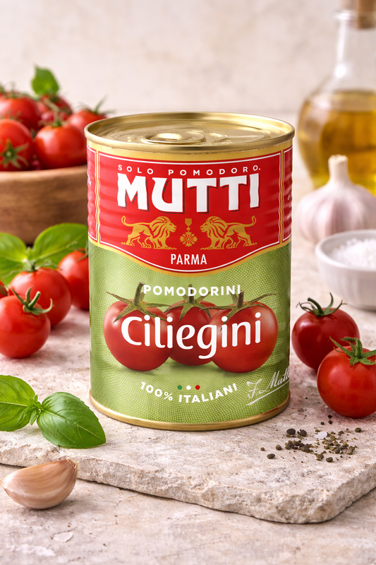 Roșii Cherry Întregi Decojite Mutti 400g – ciliegini în suc propriu, 100% din Italia