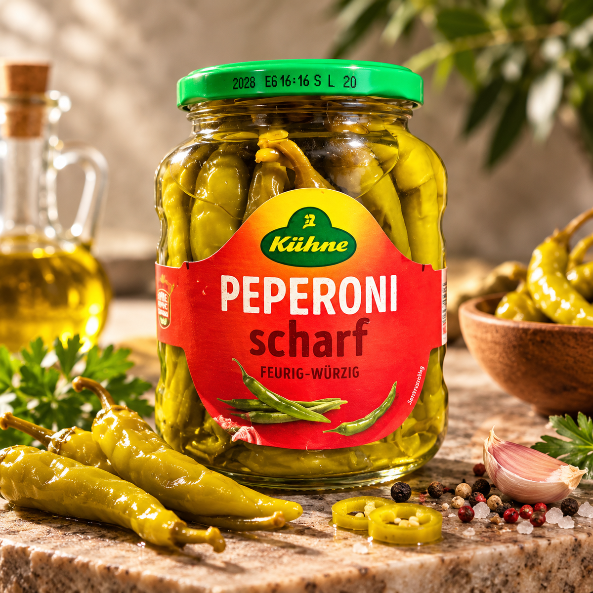 Kühne Peperoni Scharf – Ardei Iuți Verzi Conservați, 300 g