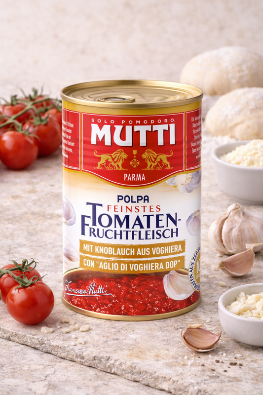 Roșii Tăiate Fin Mutti 400g – pulpa de roșii cu usturoi italian (Aglio di Voghiera DOP)