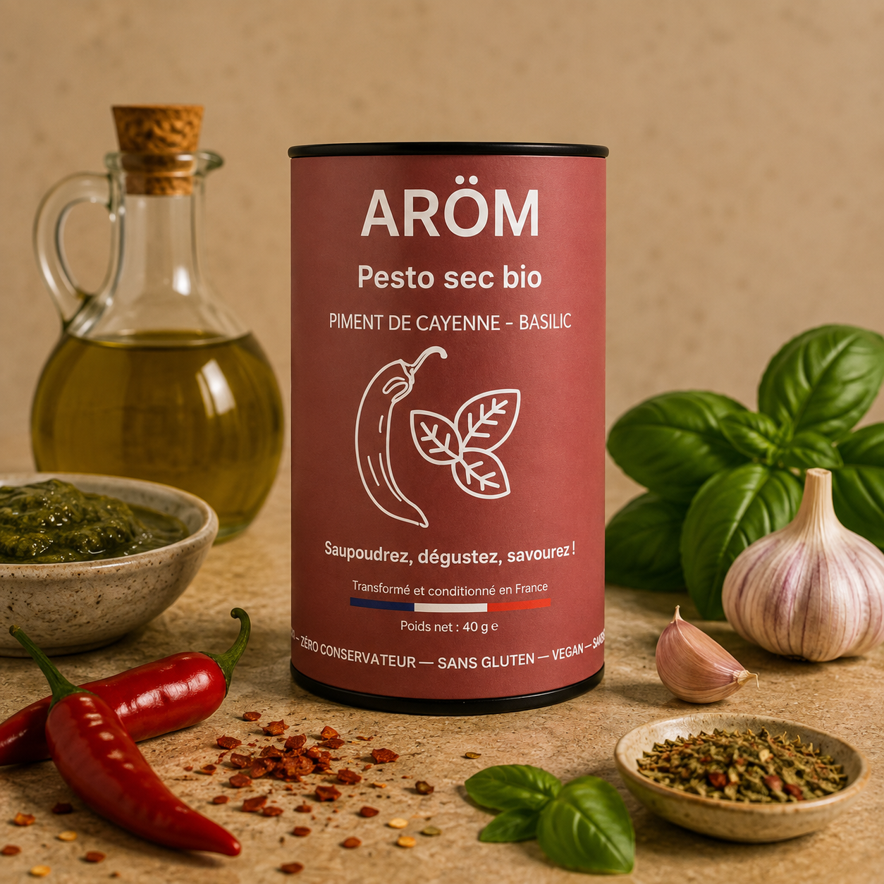 ARÖM Pesto Uscat Bio cu Ardei Cayenne și Busuioc – 40 g