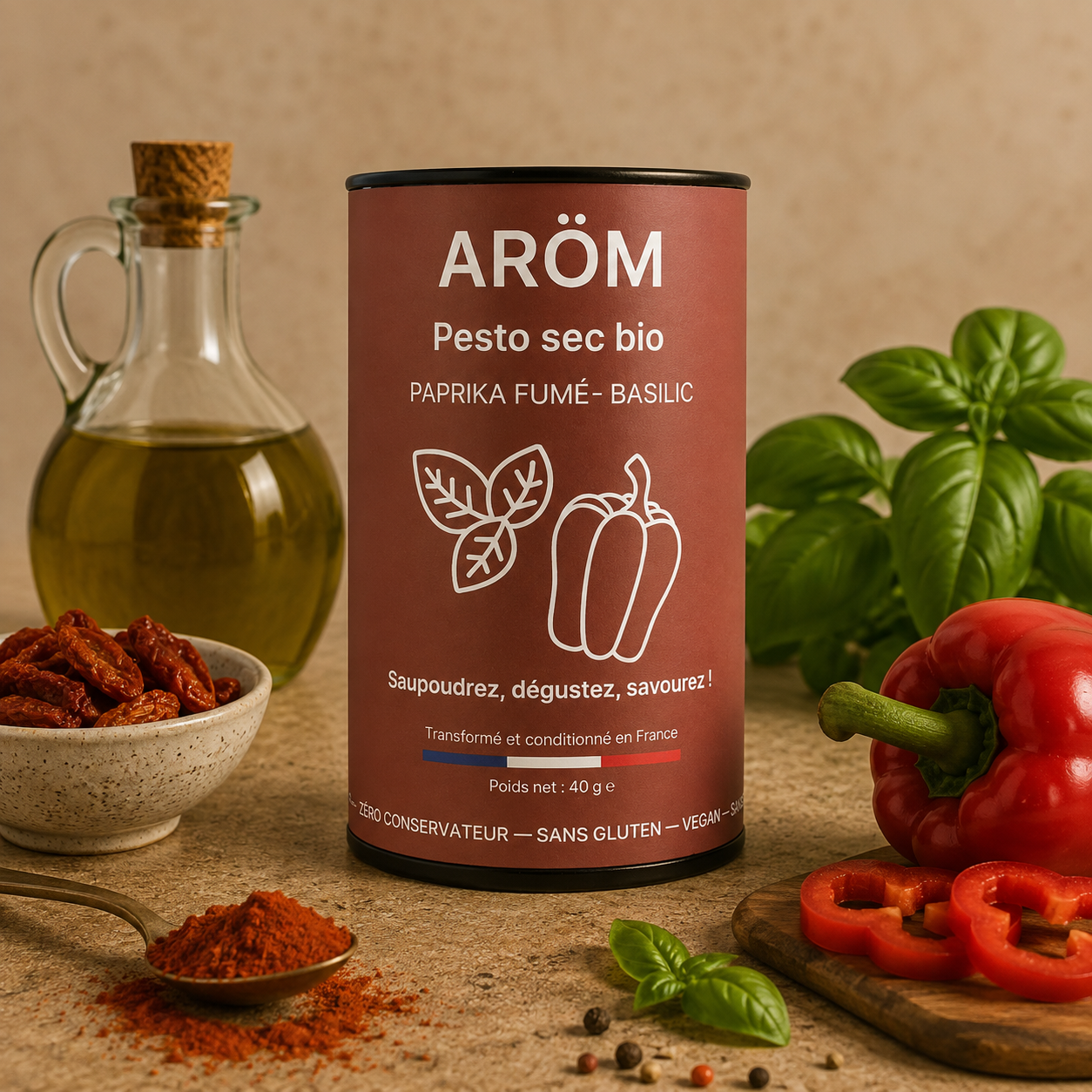 ARÖM Pesto Uscat Bio cu Boia Afumată și Busuioc – 40 g
