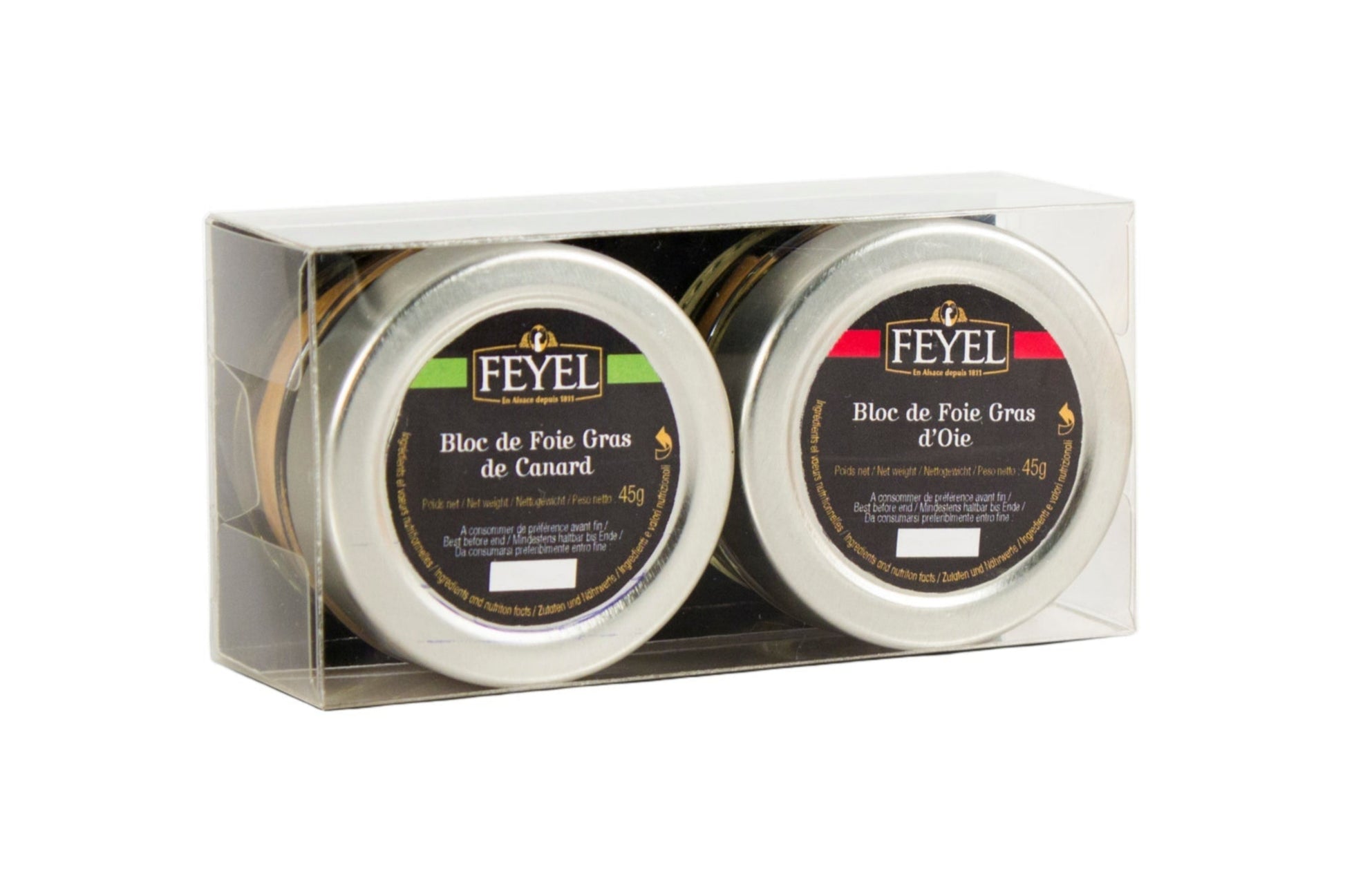 Bloc de foie gras de rață 45g + bloc de foie gras de gâscă 45g – selecție degustare Feyel