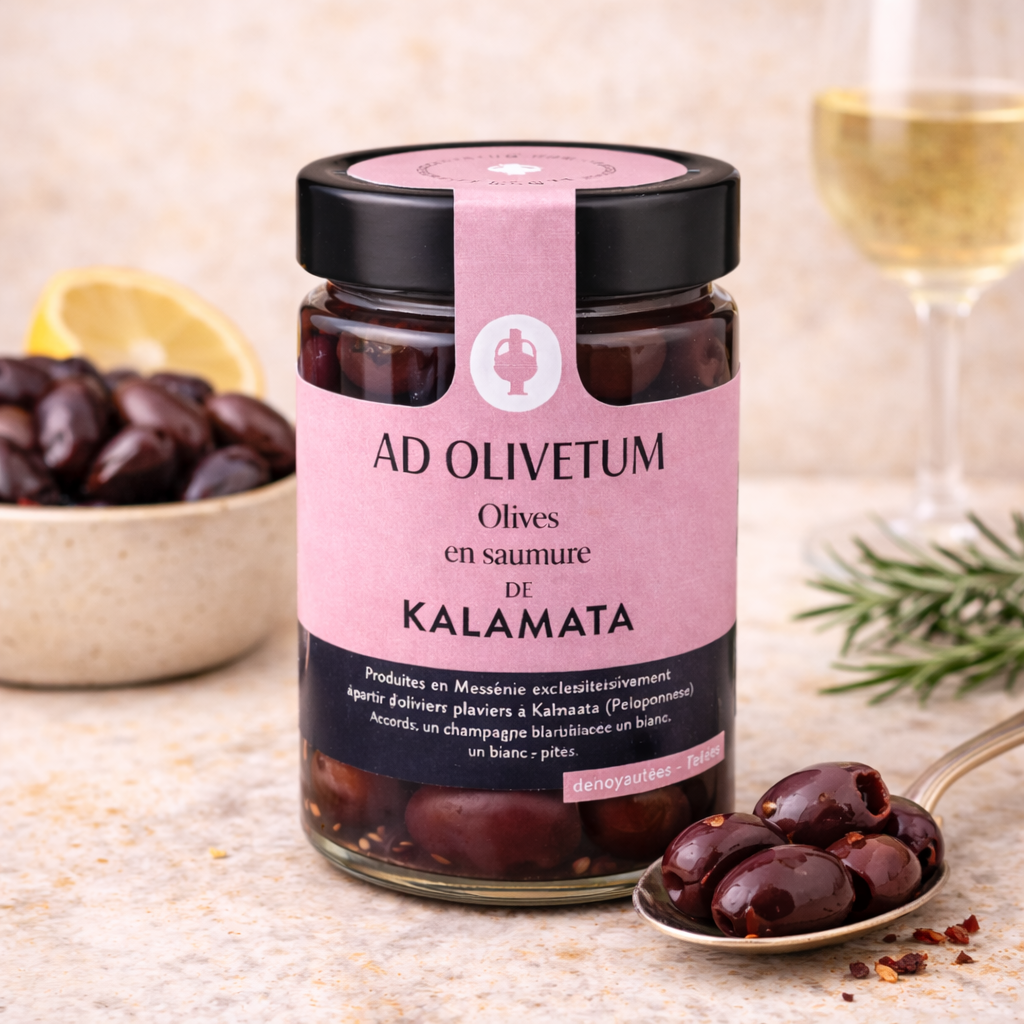 Măsline Kalamata în saramură şi EVOO, fără sâmburi – Ad Olivetum (200 g)