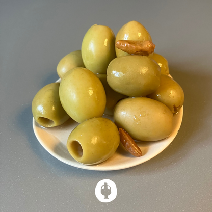 Măsline Verzi în Saramură cu Chili și Paprika Afumată, Fără Sâmburi 180g | Ad Olivetum