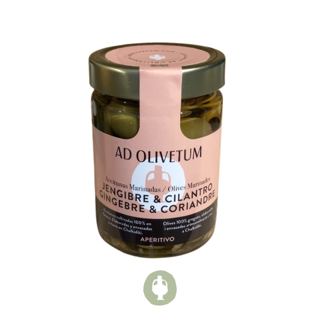 Măsline verzi în saramură fără sâmburi cu ghimbir, coriandru şi mentă – Ad Olivetum (180 g)