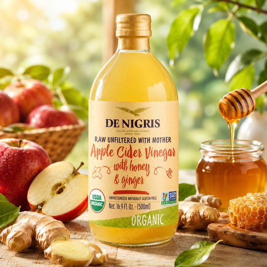 Oțet de Mere Bio Nefiltrat cu Mamă, Miere și Ghimbir De Nigris 500 ml