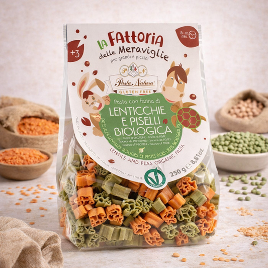 Paste Bio Fără Gluten din Linte Roșie și Mazăre – Animale 250g