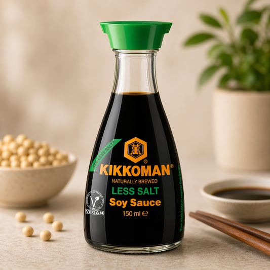 Sos de soia Kikkoman Less Salt 150ml cu dispenser – fermentat natural, cu conținut redus de sare