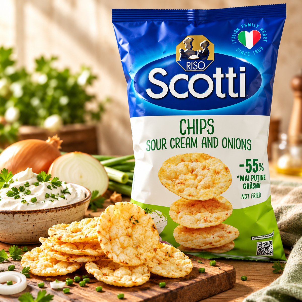 Riso Scotti – Chips de Orez cu Smântână și Ceapă, 80 g