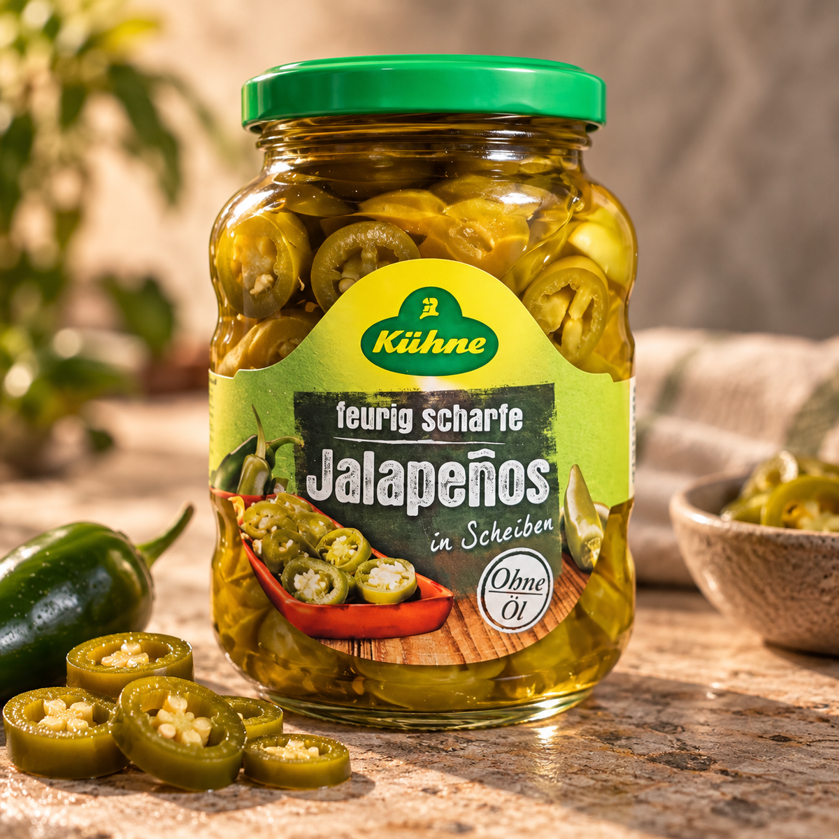 Kühne Jalapeños – Ardei Jalapeño Feliați, Picant, 330 g