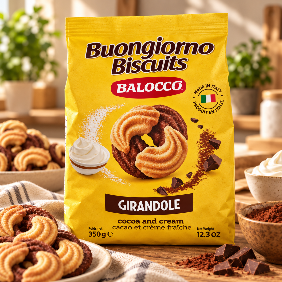 Balocco Girandole – Biscuiți cu Cacao și Cremă, 350 g